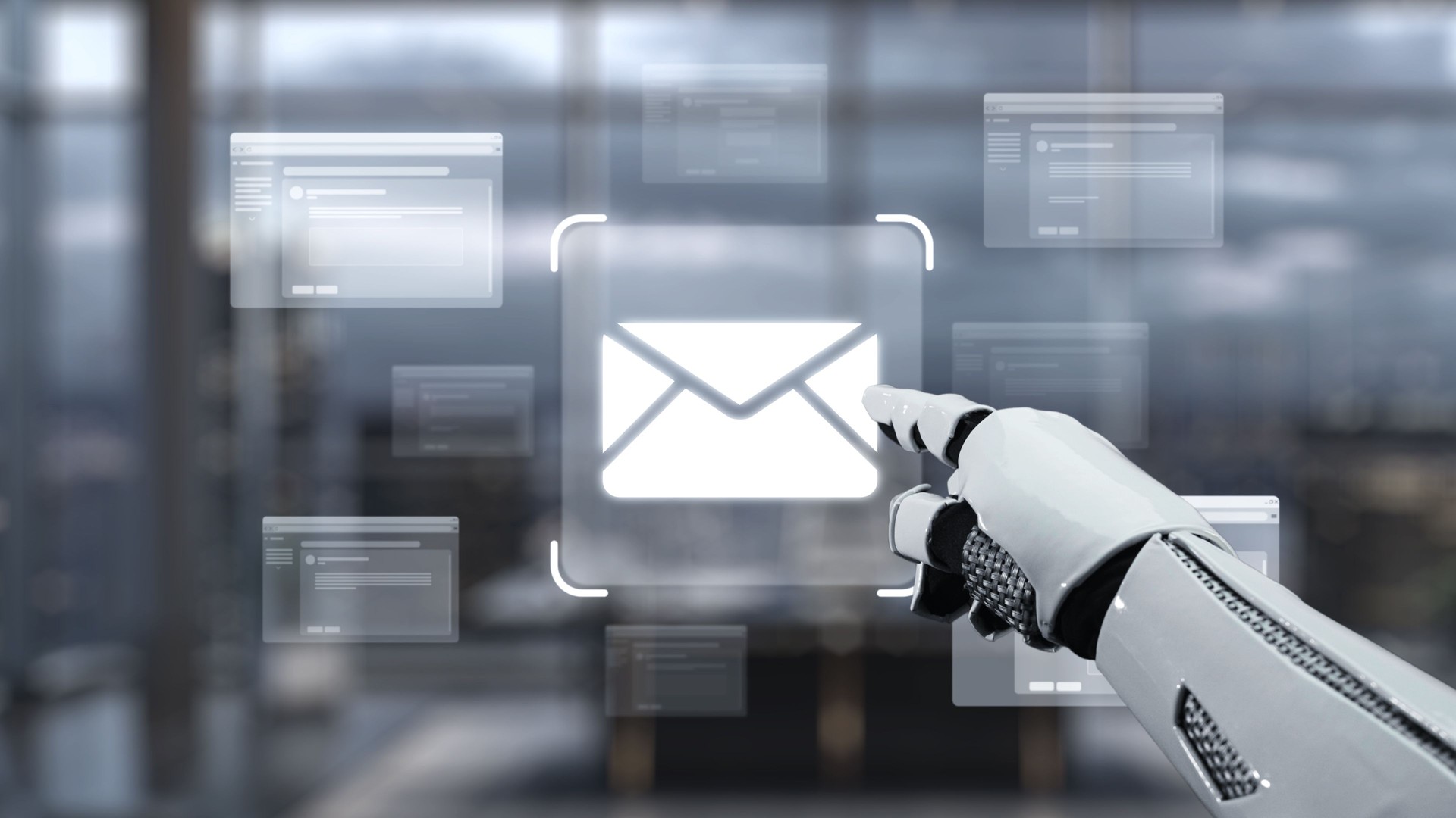 Robotic hand interacting with digital interface displaying email icon, representing advanced technology and future communication concepts in a modern office environment. Auvana